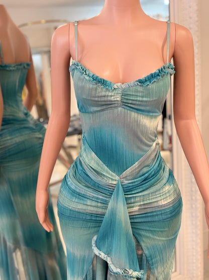Diferente Mesh Ruched Maxi Dress Blue
