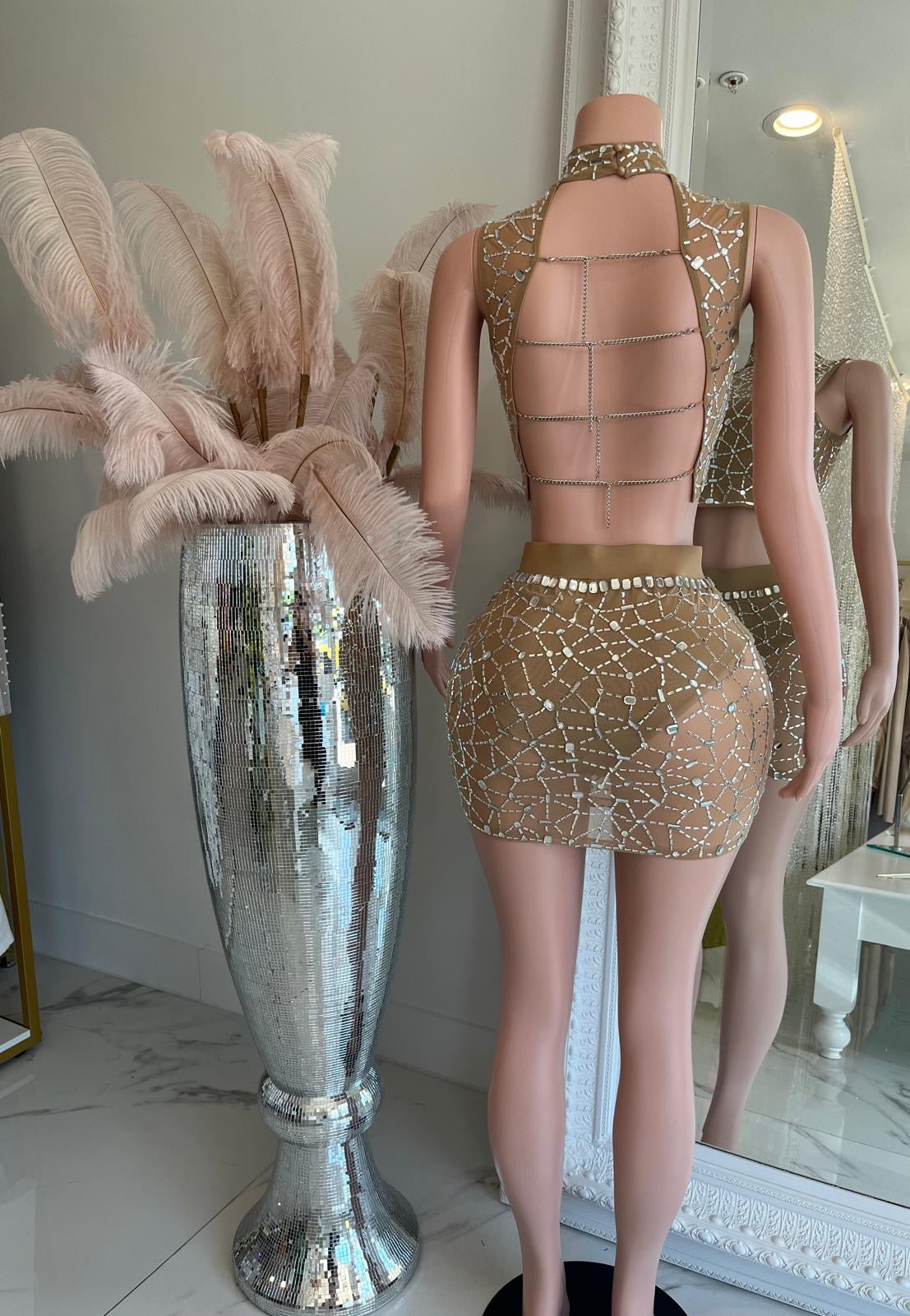 Kole Rhinestone Mesh Skirt Set Nude