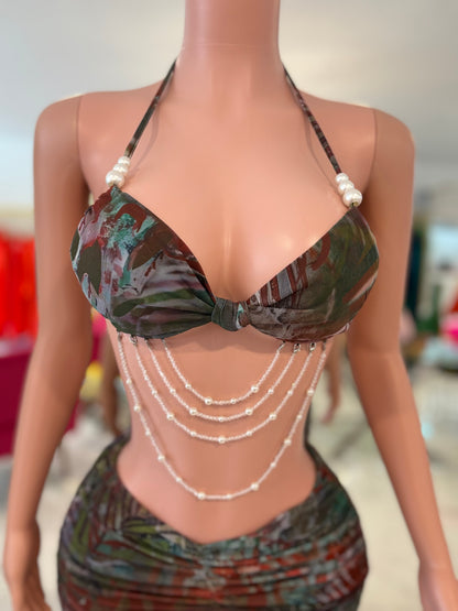 Jungle Mirage Pearl Mesh Ruched Skirt Set Green
