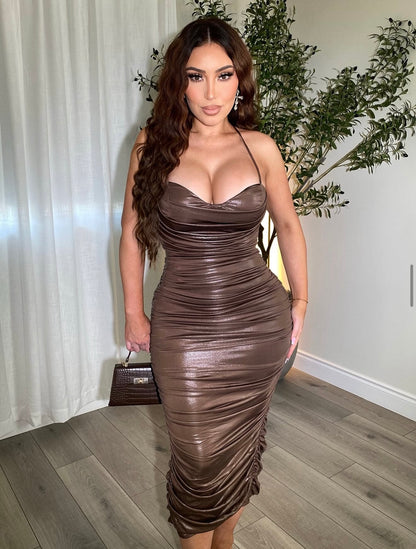 Let's Get Together Midi Dress Brown