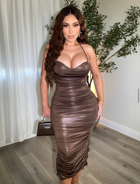 Let's Get Together Midi Dress Brown
