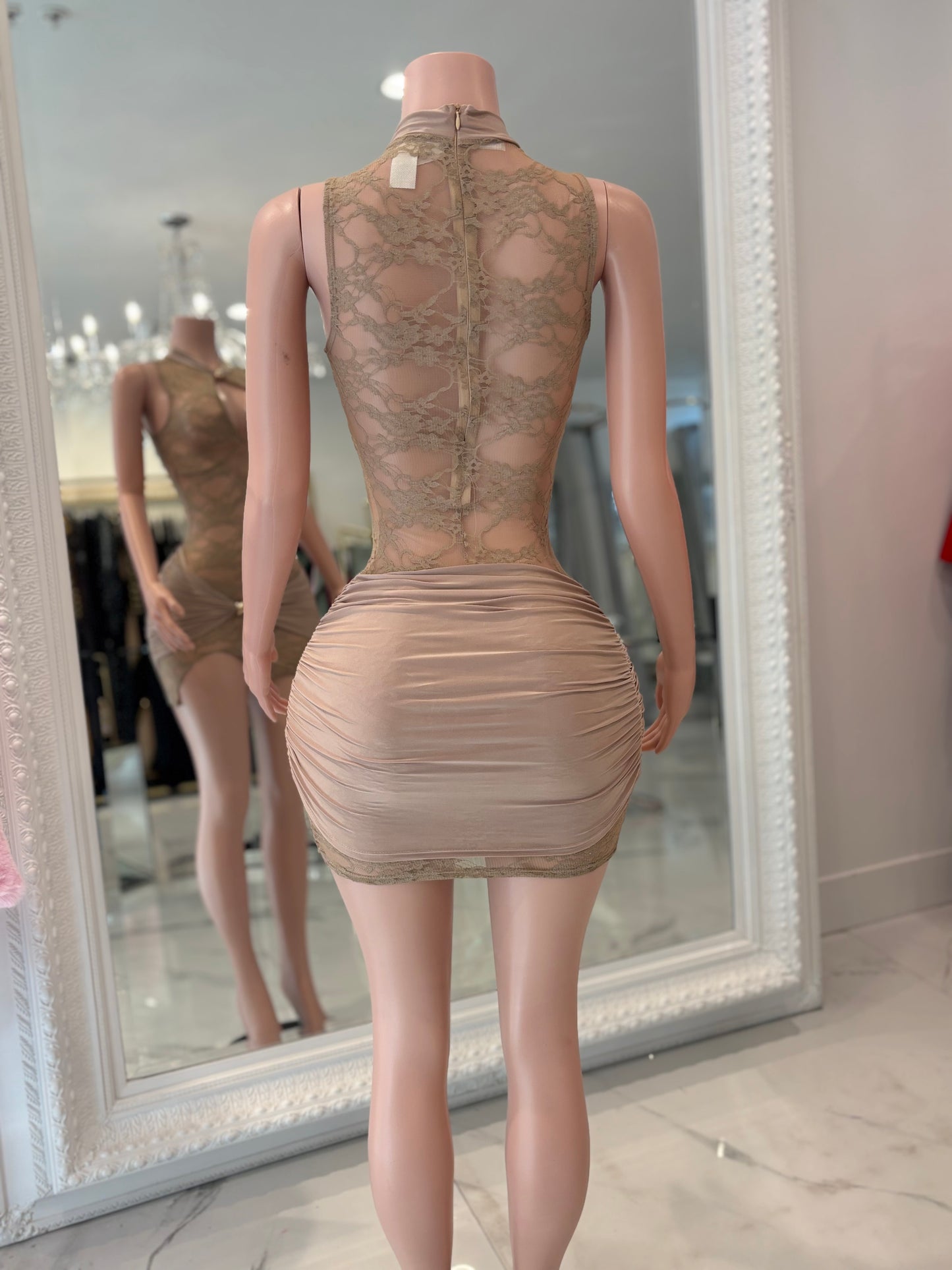 Glasshouse Muse Lace Ruched Mini Dress Nude