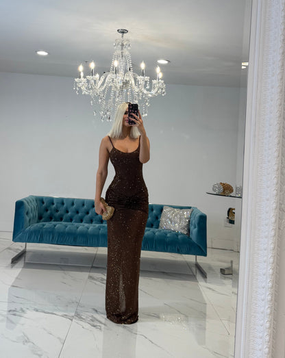 Goddess Sway Rhinestones Ruched Maxi Dress Brown