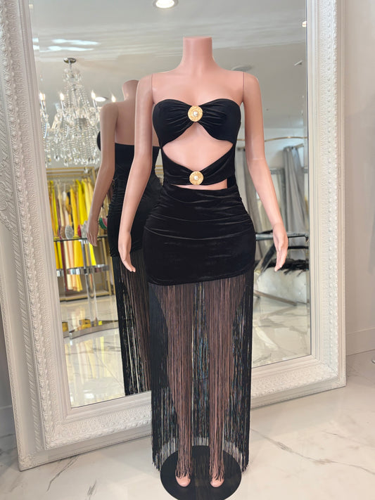 Phantom Muse Ruched Pearl Maxi Dress Black