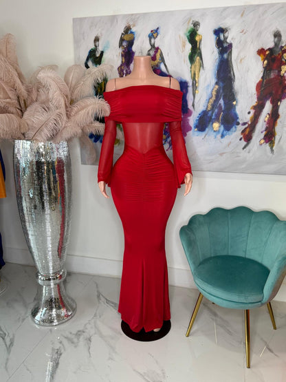 Scarlet Drape Mesh Ruched Maxi Dress Red