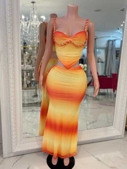 Tropic Twirl Mesh Ruched Skirt Set Orange