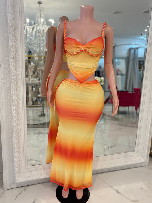 Tropic Twirl Mesh Ruched Skirt Set Orange