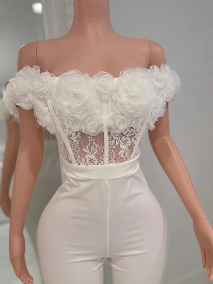 Rosette Lace Dream Floral Jumpsuit White