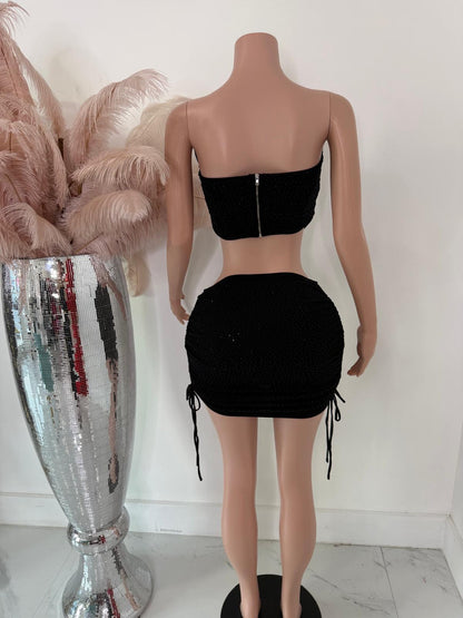 Deny Glow Ruched Rhinestones Skirt Set Black