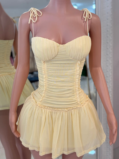 Royi Ruched Mesh Mini Dress Yellow