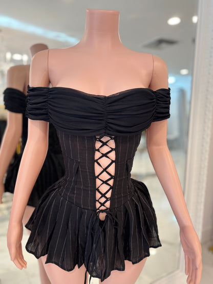 After Hours Mesh Stripes Ruched Romper Black