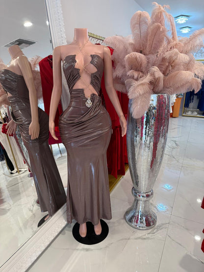Celestial Cascade Ruched Metallic Maxi Dress Pink