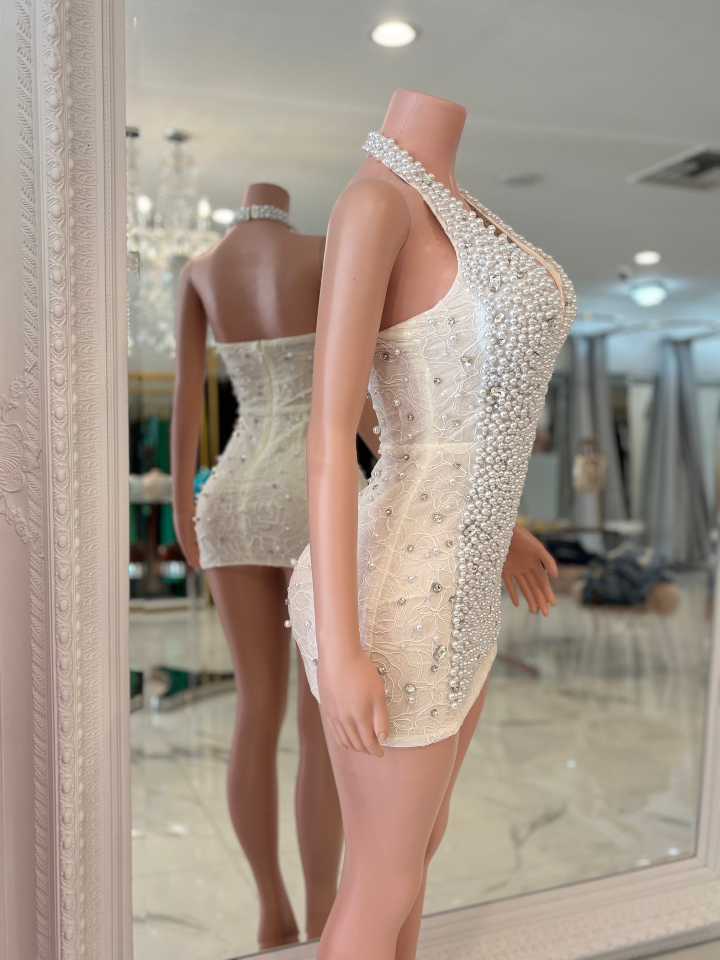 Party Pearl Rhinestones Mini Dress White