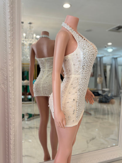 Party Pearl Rhinestones Mini Dress White