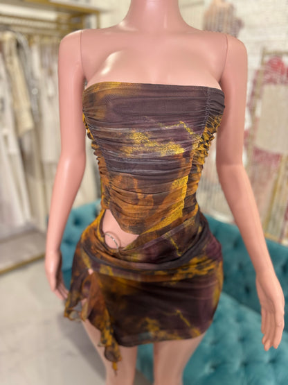 Twilight Mirage Mesh Ruched Mini Dress Brown