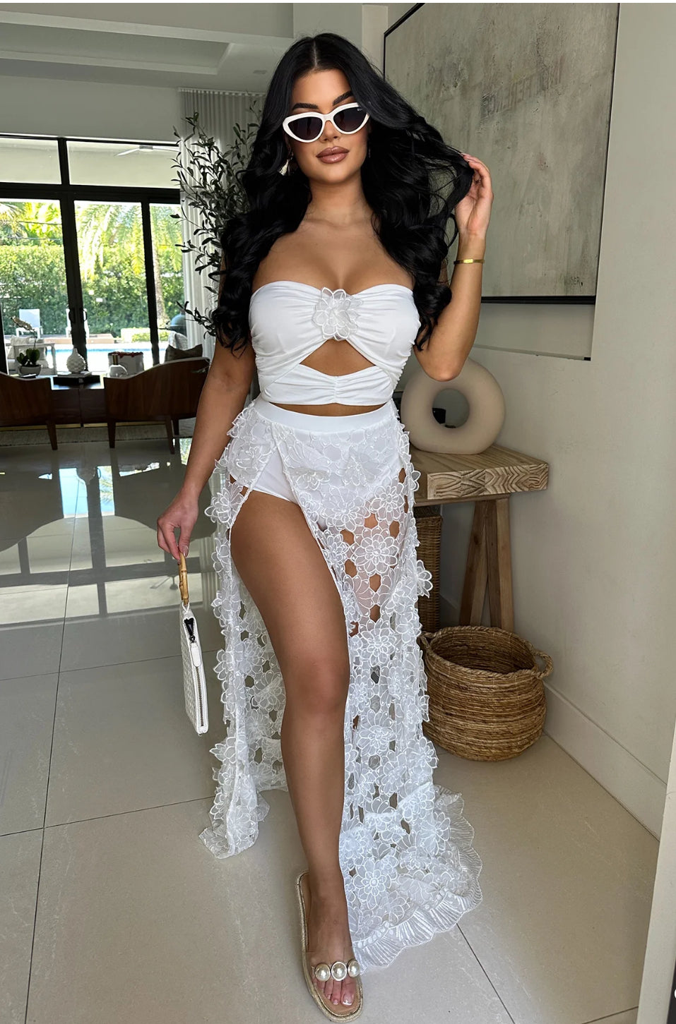 Floral Breeze Lace Skirt Set White