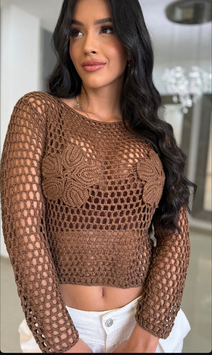 Keep Walking Floral Crochet Cover Up Brown