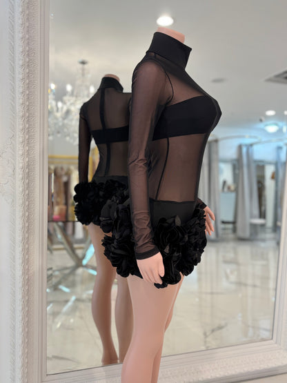 Bloom Veil Mesh Floral Mini Dress Black