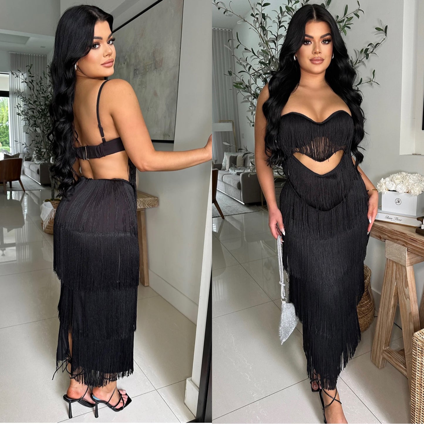 Obseccion  Dusk Fringe Maxi Dress Black