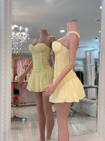 Royi Ruched Mesh Mini Dress Yellow