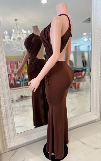 Glow Motion Ruched Maxi Dress Brown