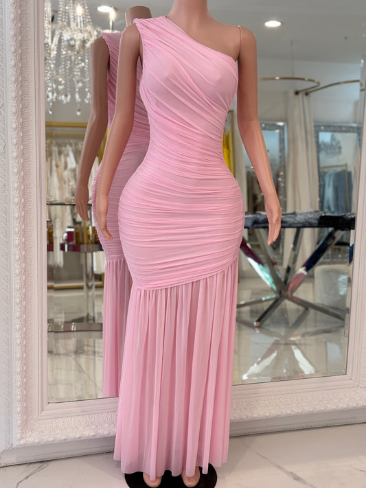 Magi Mesh Ruched Maxi Dress Pink