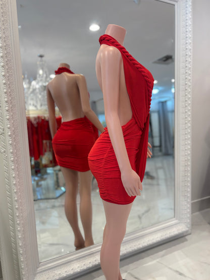 Braid of Desire Ruched Mini Dress Red