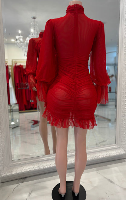 Thinkin About Us Mesh Ruched Mini Dress Red