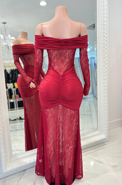 Mony Essence Lace Ruched Maxi Dress Rojo Vino