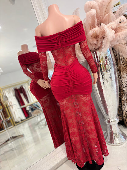 Mony Essence Lace Ruched Maxi Dress Red