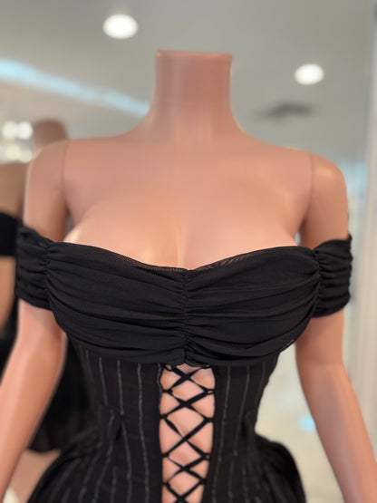 After Hours Mesh Stripes Ruched Romper Black