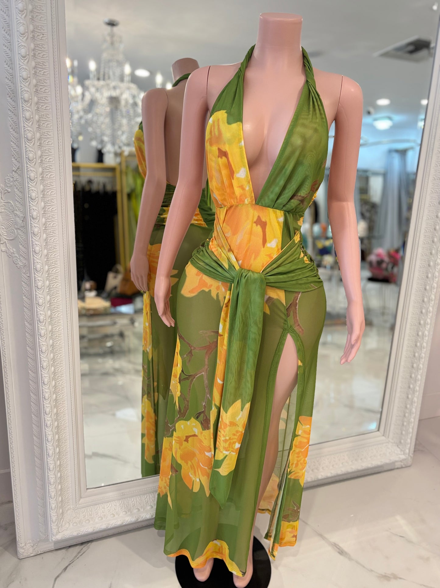 Bloomed Allure Floral Ruched Mesh Maxi Dress Green