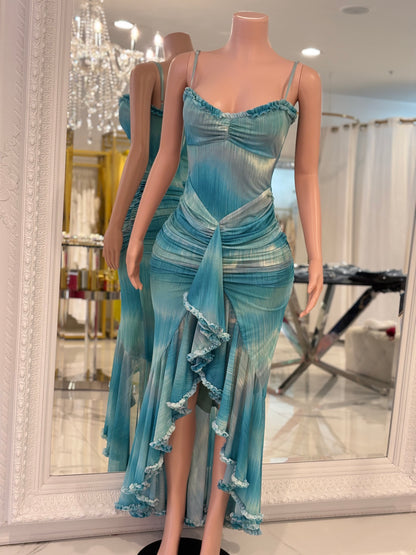 Diferente Mesh Ruched Maxi Dress Blue