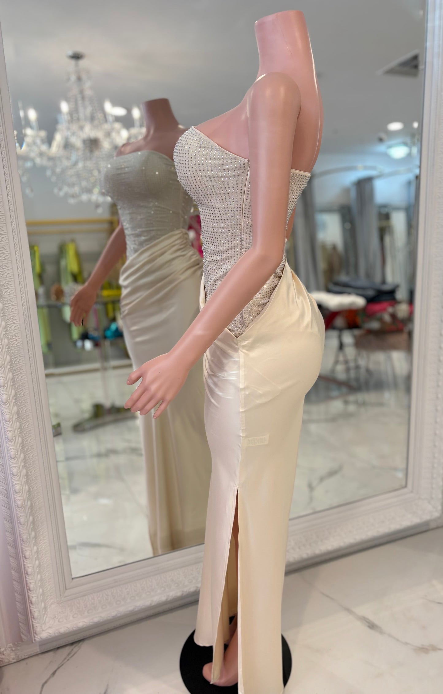 Lumina Drape Ruched Rhinestone Maxi Dress Nude