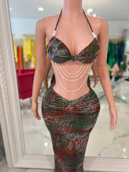 Jungle Mirage Pearl Mesh Ruched Skirt Set Green