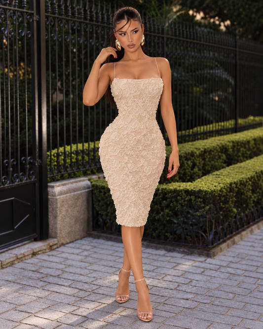Not Here to Fool Around Midi Dress Beige