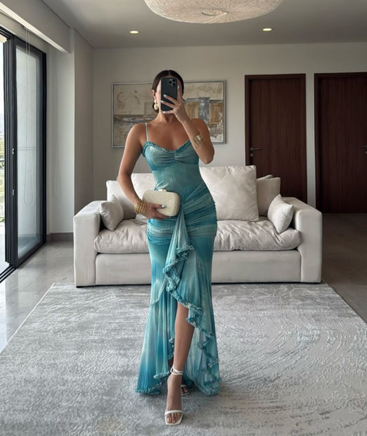 Diferente Mesh Ruched Maxi Dress Blue