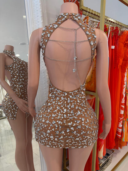 Prismatic Allure Rhinestone Mesh Mini Dress Nude