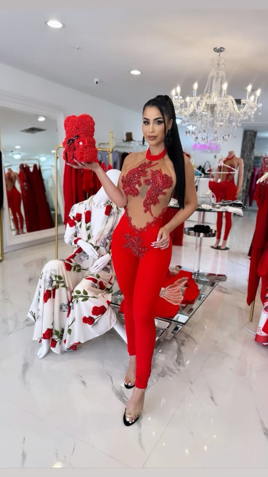 Mystique Radiance Mesh Rhinestones Jumpsuit Red