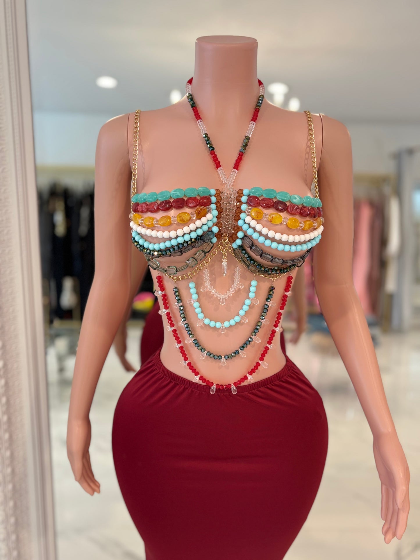 Cesy Chains Rhinestones Skirt Set Red