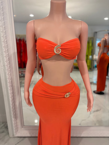 Sol Spiral Ruched Skirt Set Orange