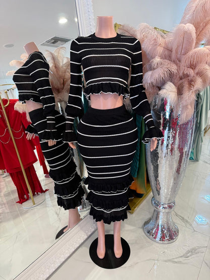 Ruffle Rhythm Stripes Skirt Set Black