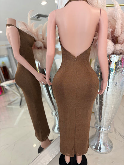 Voltage Curve Glitter Midi Dress Brown