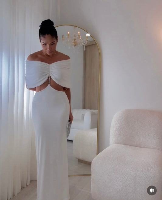 Moonlit Allure Ruched Maxi Dress White