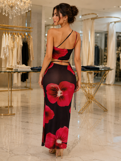 Hibiscus Heat Mesh Floral Skirt Set Red