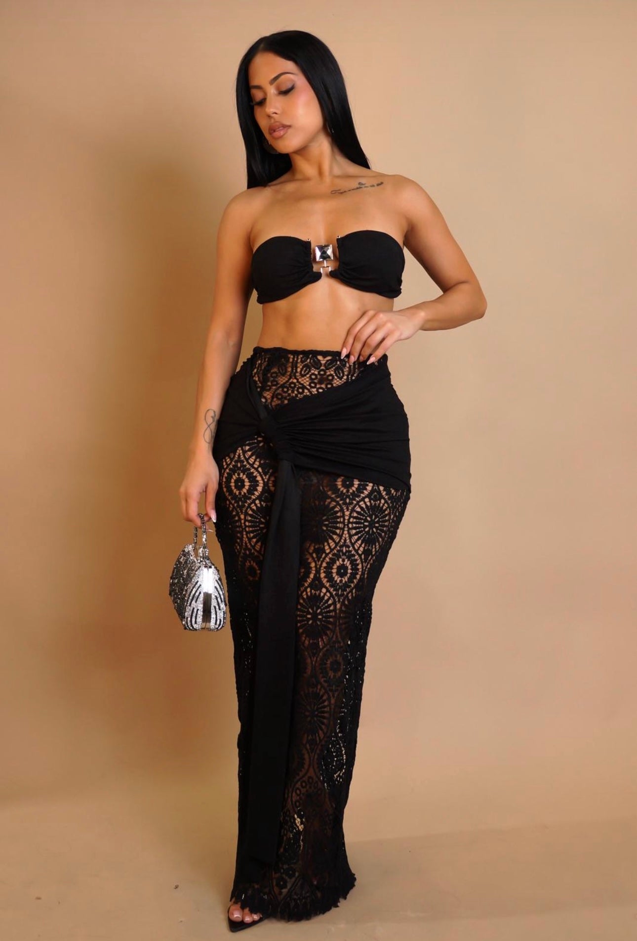 Marbella Allure Crochet Ruched Skirt Set Black
