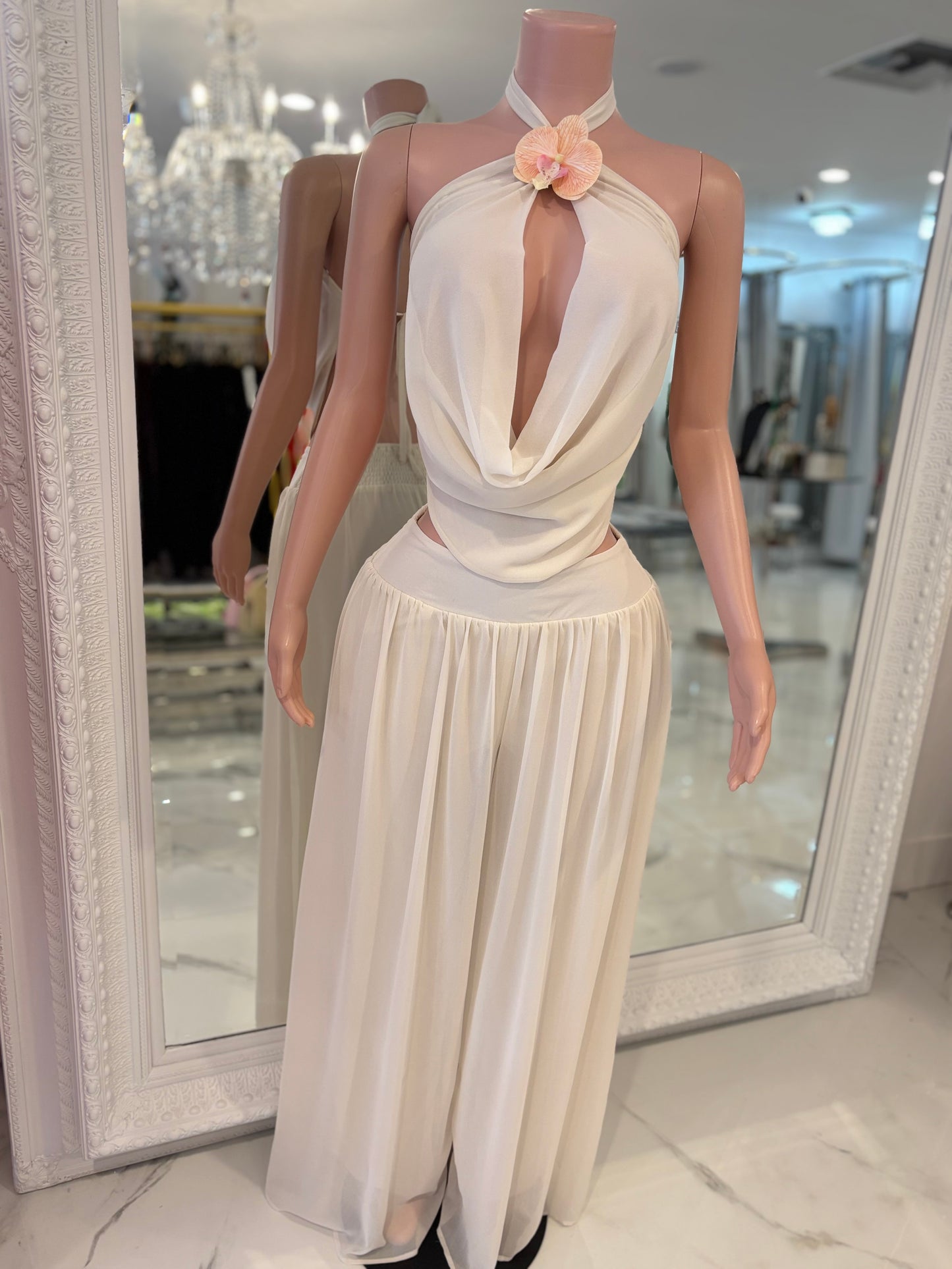 Fleur Drape Floral Ruched Pant Set Nude
