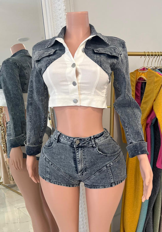 Contrast Denim Short Set