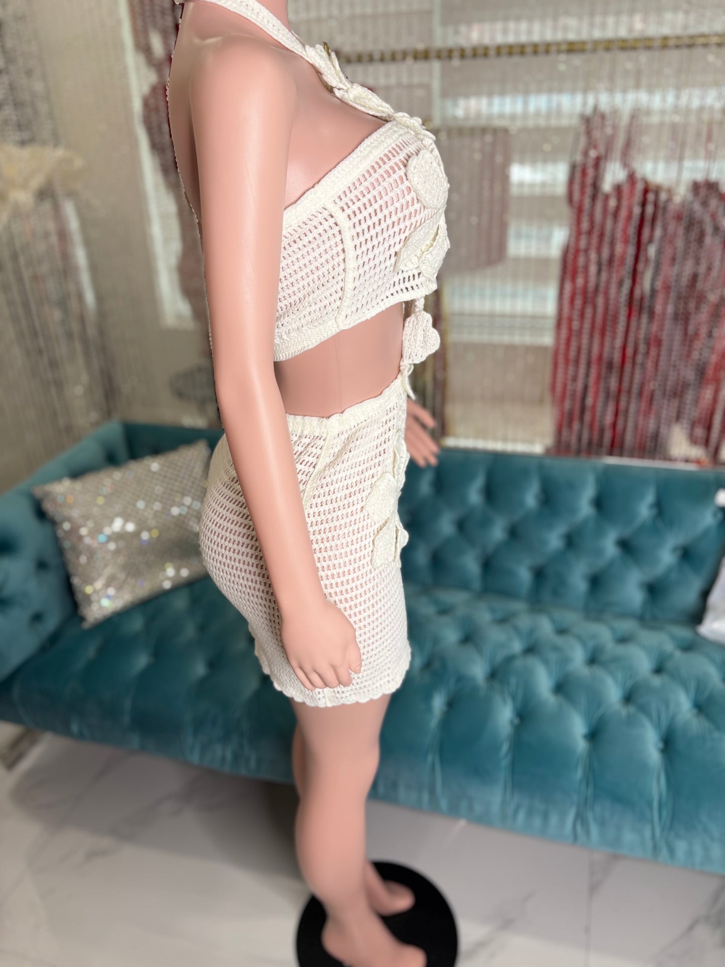 Lune Blanche Floral Crochet Mini Dress White