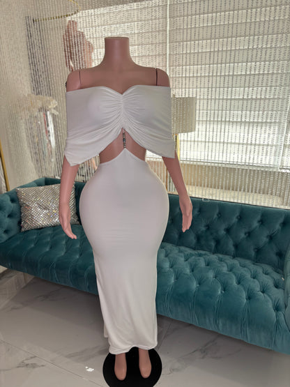 Moonlit Allure Ruched Maxi Dress White